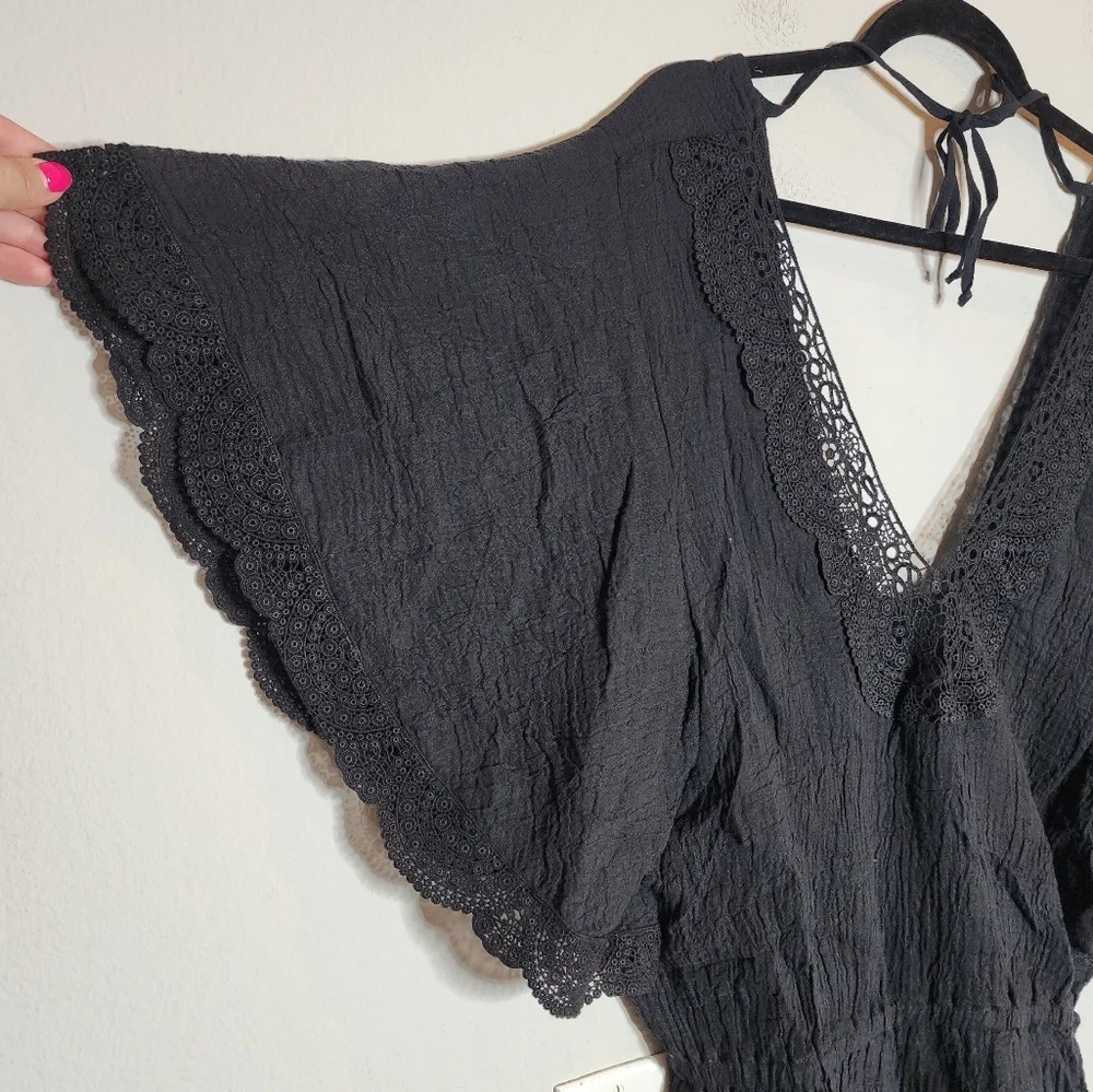 NWT Eberjey M/L Black Sol Liberty Lace‎ Trimmed Romper Swim Cover-Up Beachy